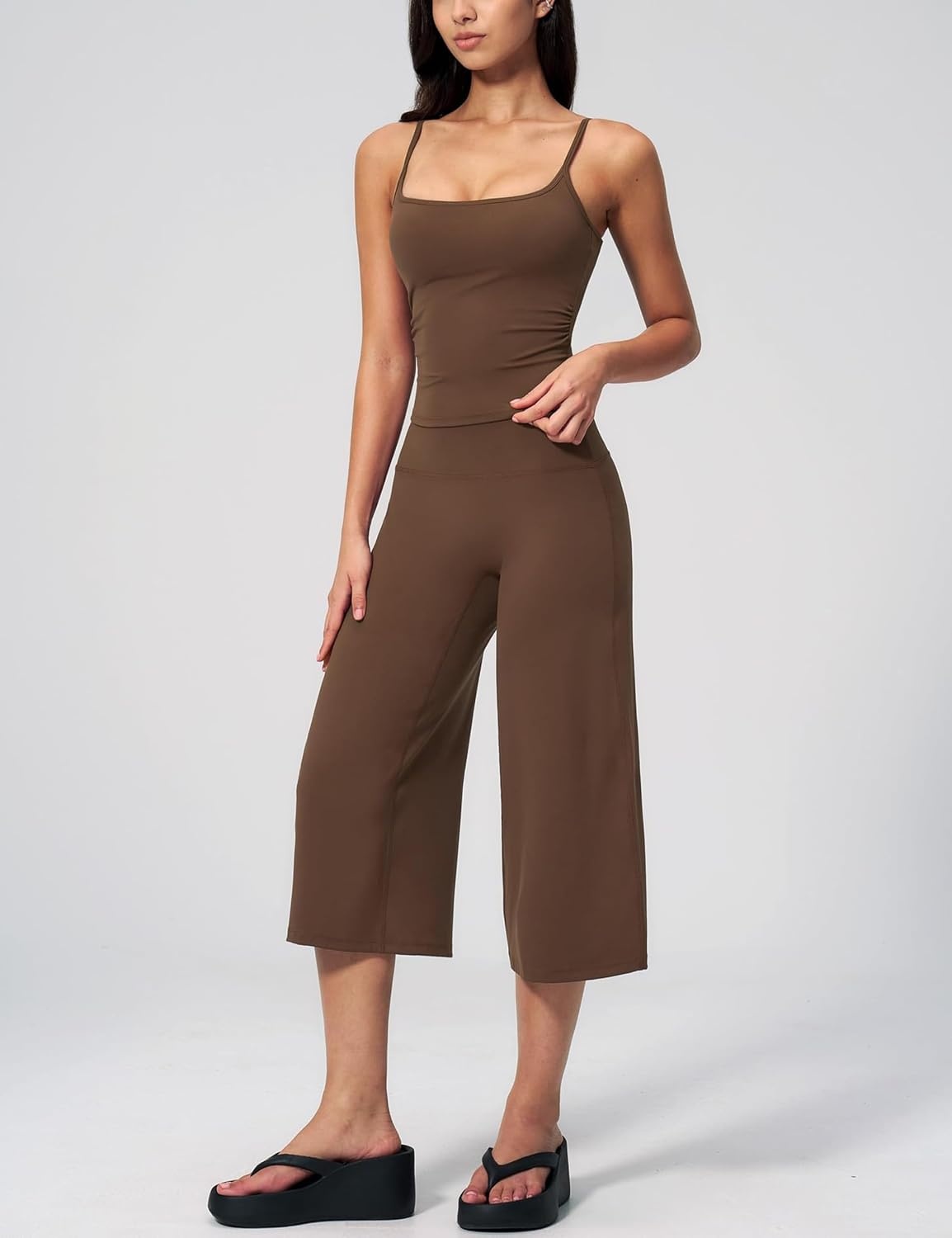 image:imageTanming Two Piece Sets for Women Gym Yoga Pilates Outfits Sleeveless Halter Top Mid Elastic Waist Capri Pants Breathable Material Airport Travel Beach Vacation Lounge SetBrown