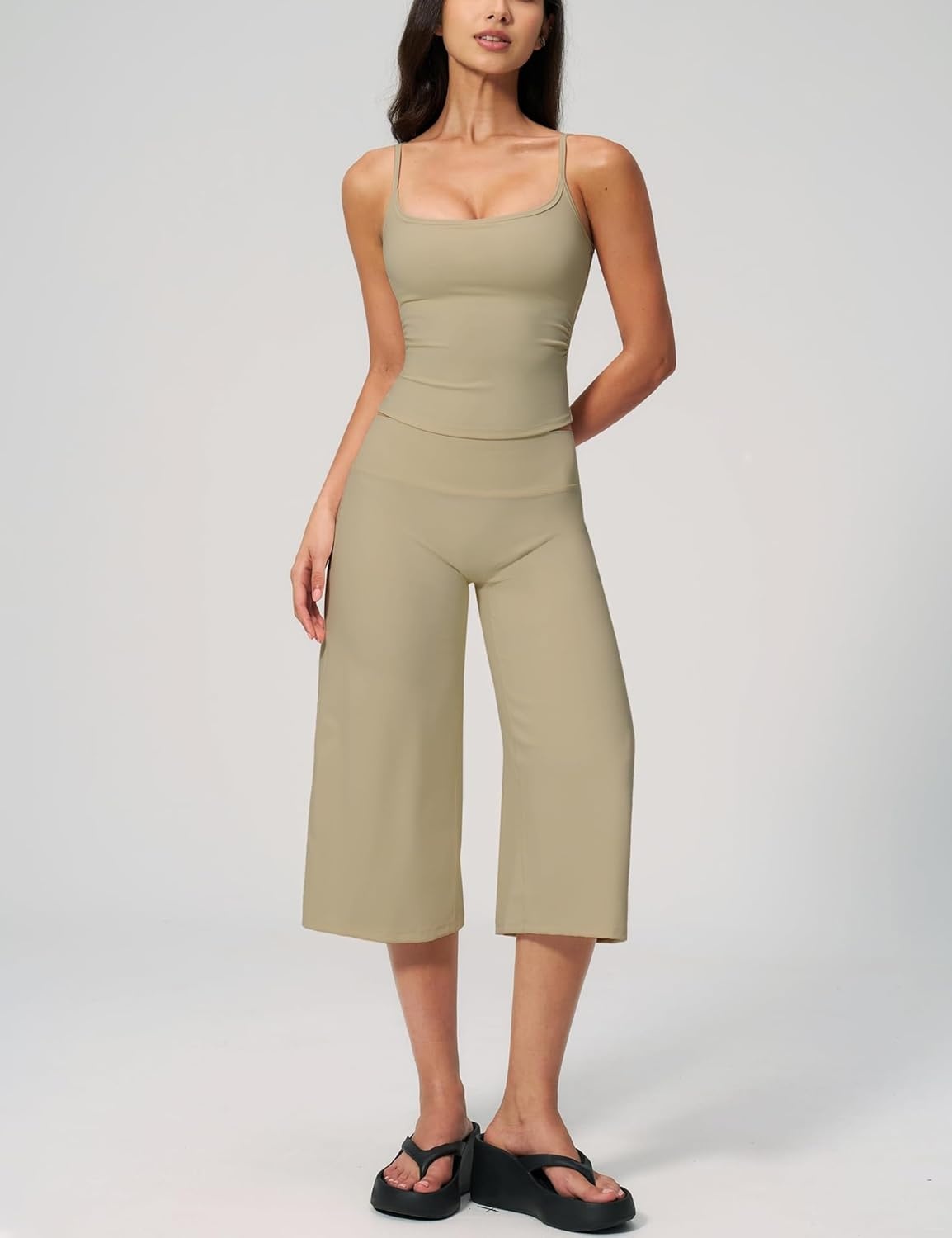 image:imageTanming Two Piece Sets for Women Gym Yoga Pilates Outfits Sleeveless Halter Top Mid Elastic Waist Capri Pants Breathable Material Airport Travel Beach Vacation Lounge SetKhaki