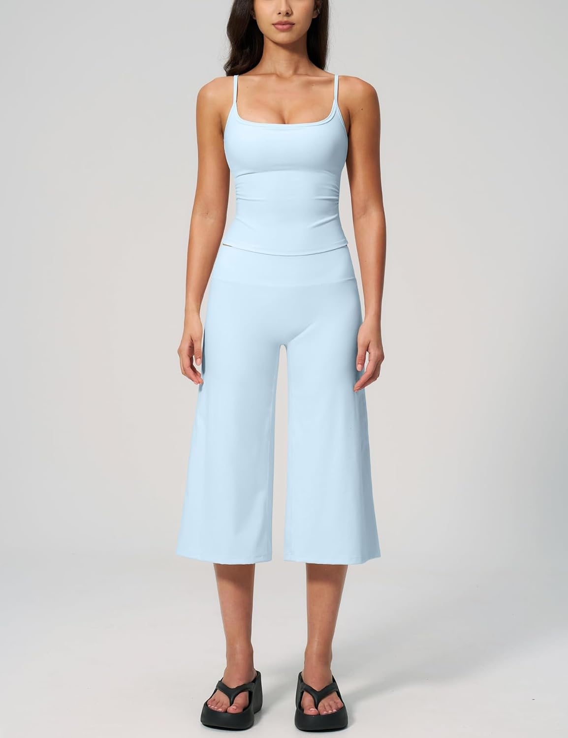 image:imageTanming Two Piece Sets for Women Gym Yoga Pilates Outfits Sleeveless Halter Top Mid Elastic Waist Capri Pants Breathable Material Airport Travel Beach Vacation Lounge SetLight Blue
