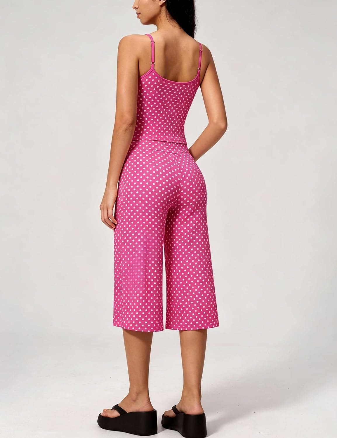 image:imageTanming Womens 2 Piece Outfits Polka Dot Workout Yoga Set Sleeveless Cami Top Wide Leg Capri Pants Soft Fabric Casual Matching Lounge Set for Active Gym Daily Wear VacationPink