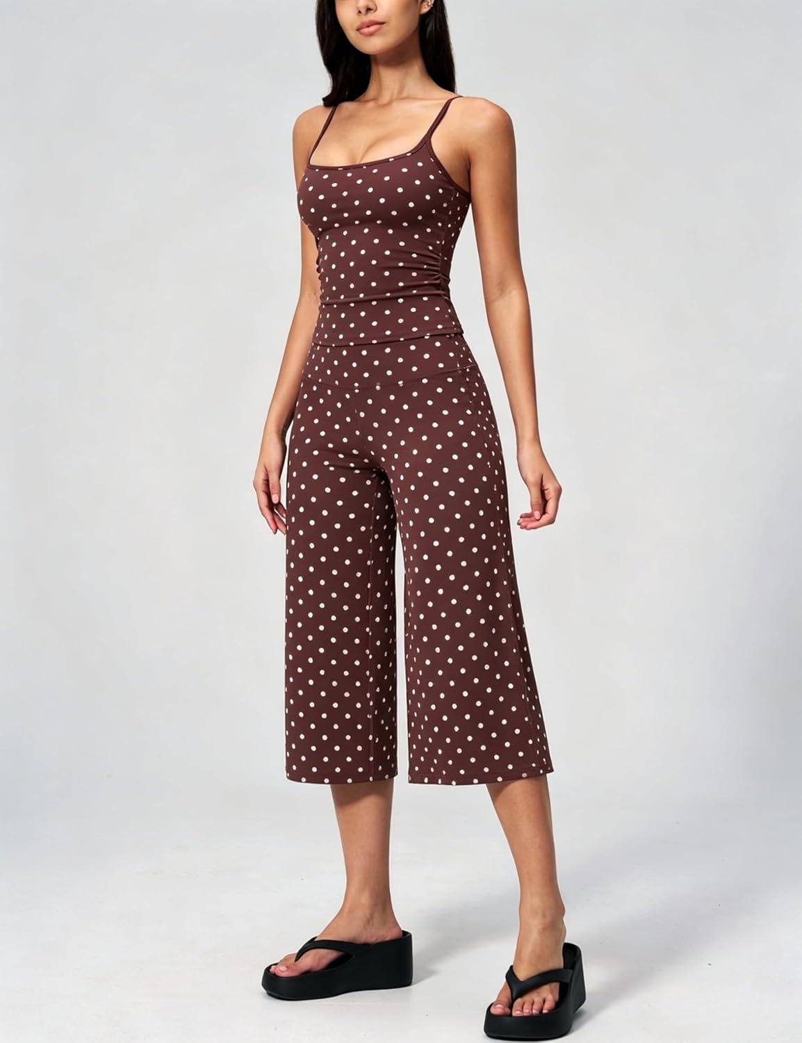 image:imageTanming Womens 2 Piece Outfits Polka Dot Workout Yoga Set Sleeveless Cami Top Wide Leg Capri Pants Soft Fabric Casual Matching Lounge Set for Active Gym Daily Wear VacationCoffee