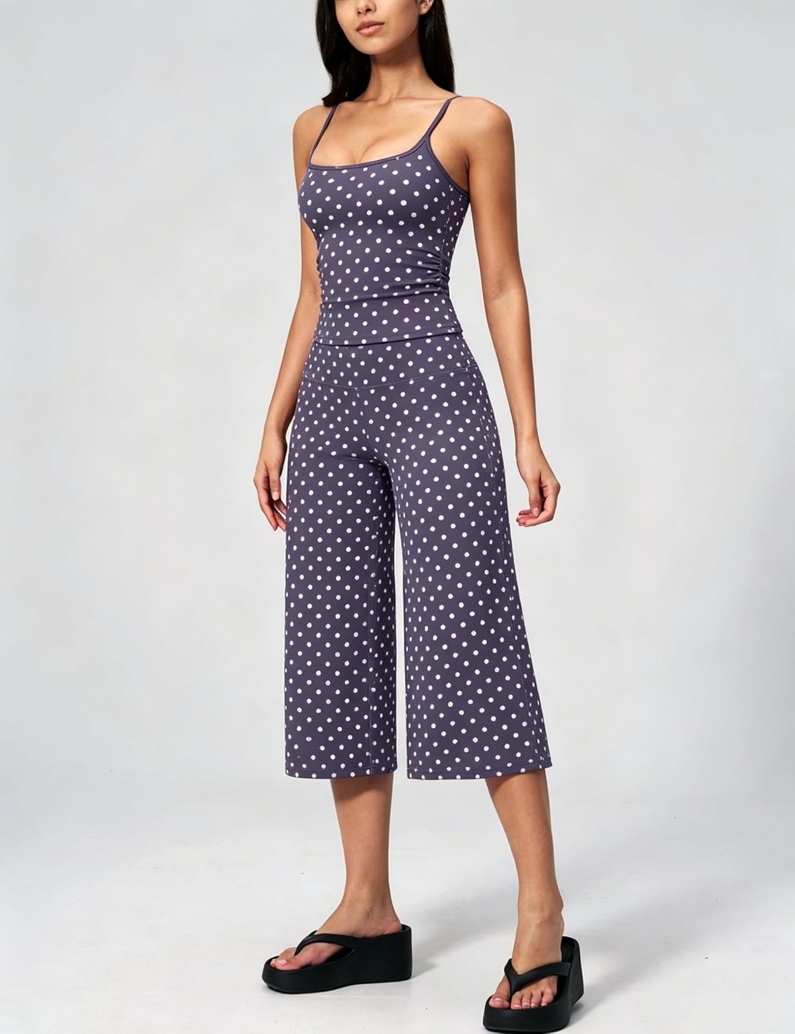 image:imageTanming Womens 2 Piece Outfits Polka Dot Workout Yoga Set Sleeveless Cami Top Wide Leg Capri Pants Soft Fabric Casual Matching Lounge Set for Active Gym Daily Wear VacationNavy
