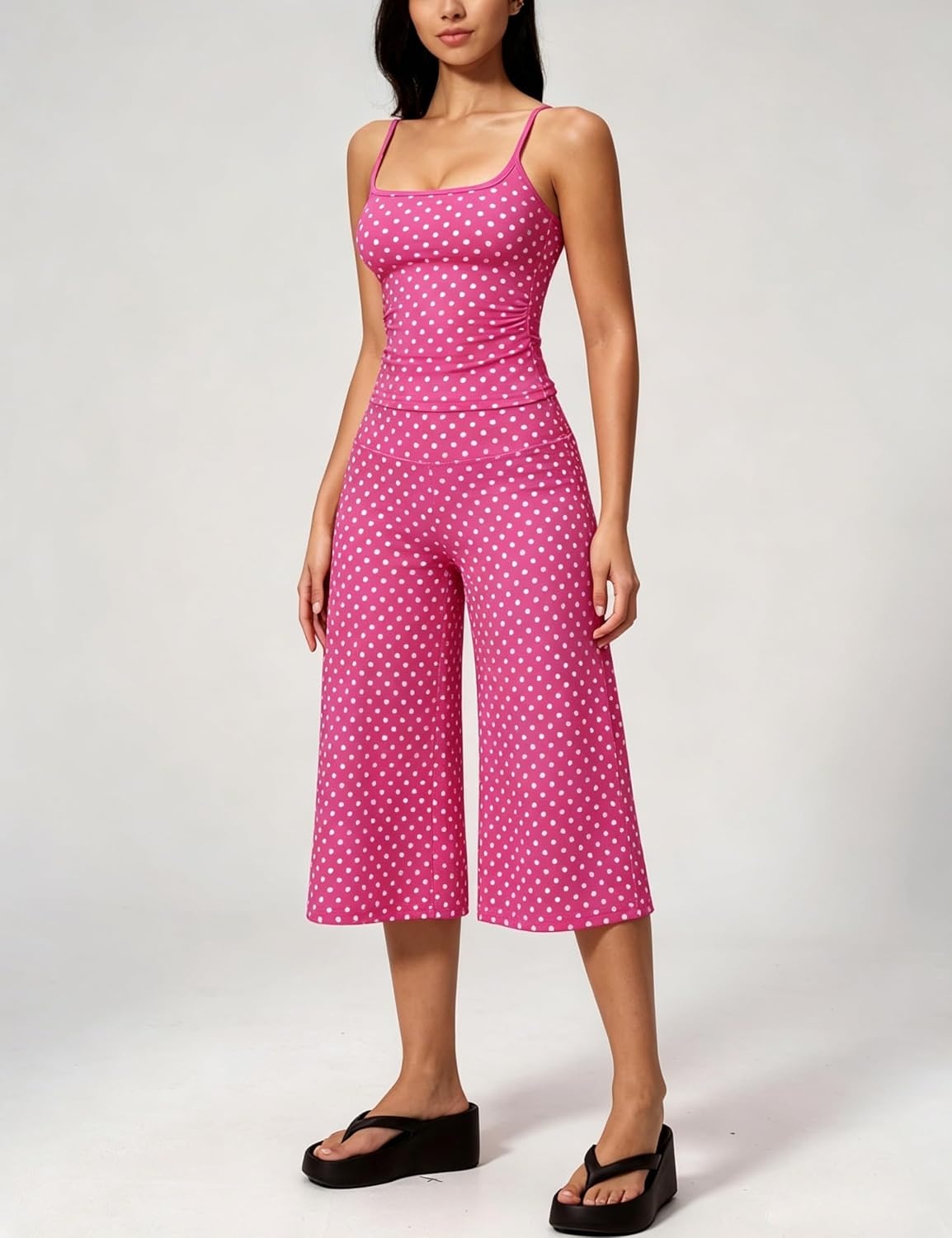 image:imageTanming Womens 2 Piece Outfits Polka Dot Workout Yoga Set Sleeveless Cami Top Wide Leg Capri Pants Soft Fabric Casual Matching Lounge Set for Active Gym Daily Wear VacationPink