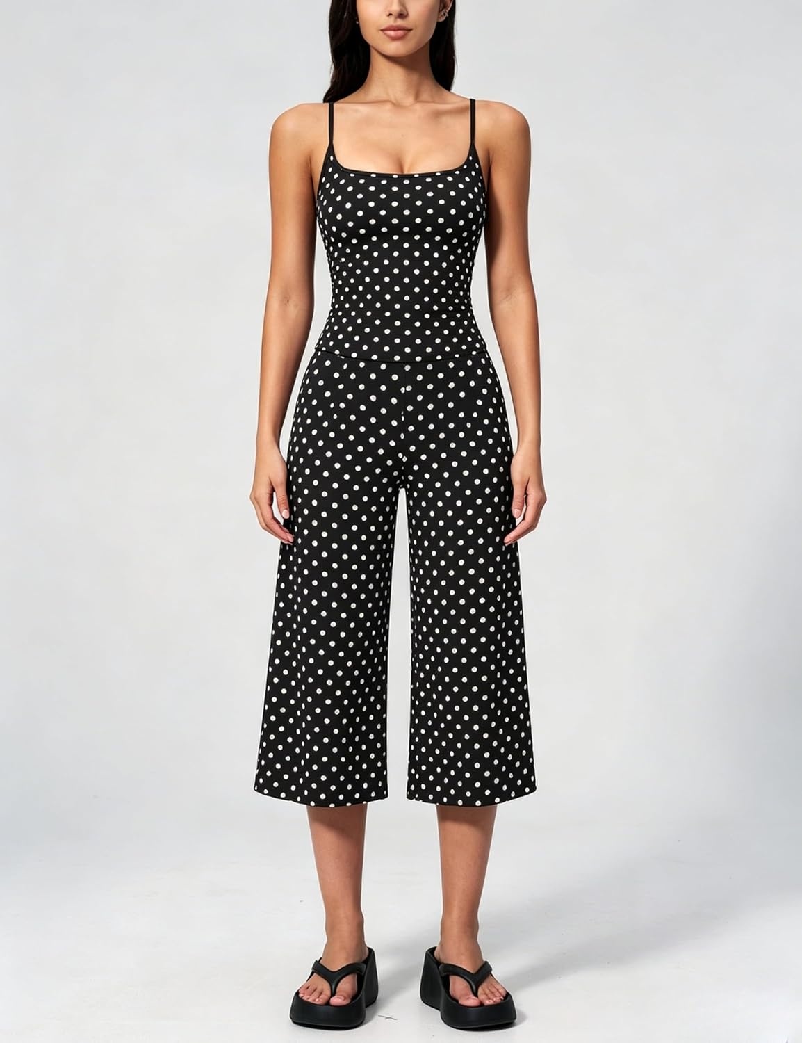 image:imageTanming Womens 2 Piece Outfits Polka Dot Workout Yoga Set Sleeveless Cami Top Wide Leg Capri Pants Soft Fabric Casual Matching Lounge Set for Active Gym Daily Wear VacationBlack