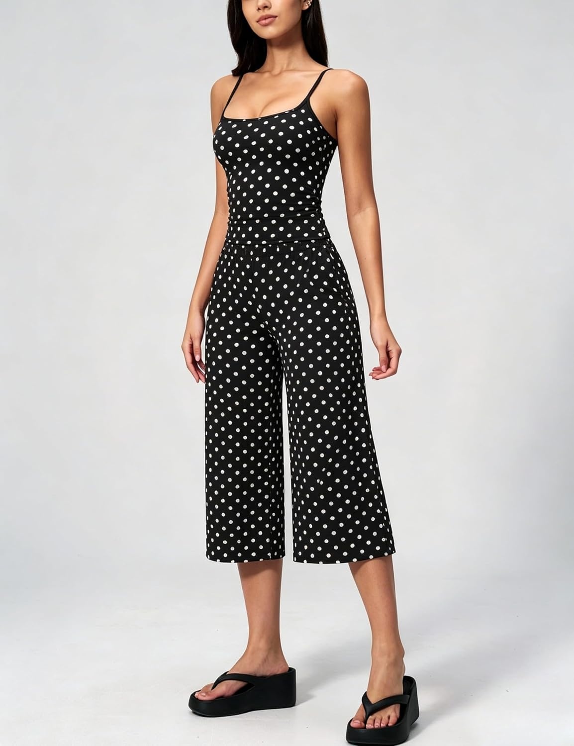 image:imageTanming Womens 2 Piece Outfits Polka Dot Workout Yoga Set Sleeveless Cami Top Wide Leg Capri Pants Soft Fabric Casual Matching Lounge Set for Active Gym Daily Wear VacationBlack