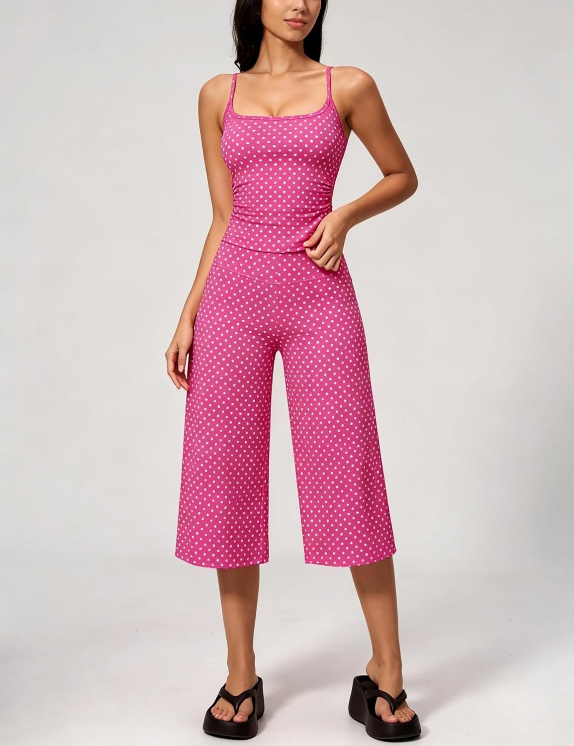 image:imageTanming Womens 2 Piece Outfits Polka Dot Workout Yoga Set Sleeveless Cami Top Wide Leg Capri Pants Soft Fabric Casual Matching Lounge Set for Active Gym Daily Wear VacationPink