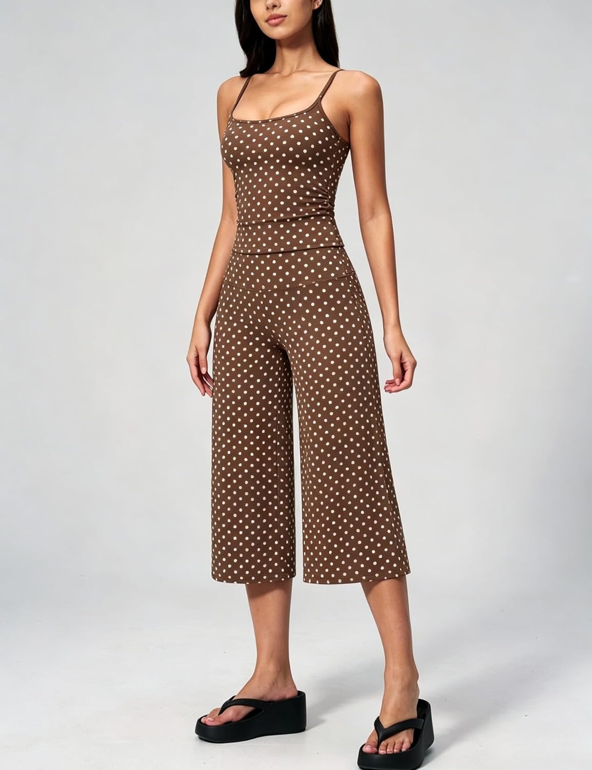 image:imageTanming Womens 2 Piece Outfits Polka Dot Workout Yoga Set Sleeveless Cami Top Wide Leg Capri Pants Soft Fabric Casual Matching Lounge Set for Active Gym Daily Wear VacationBrown