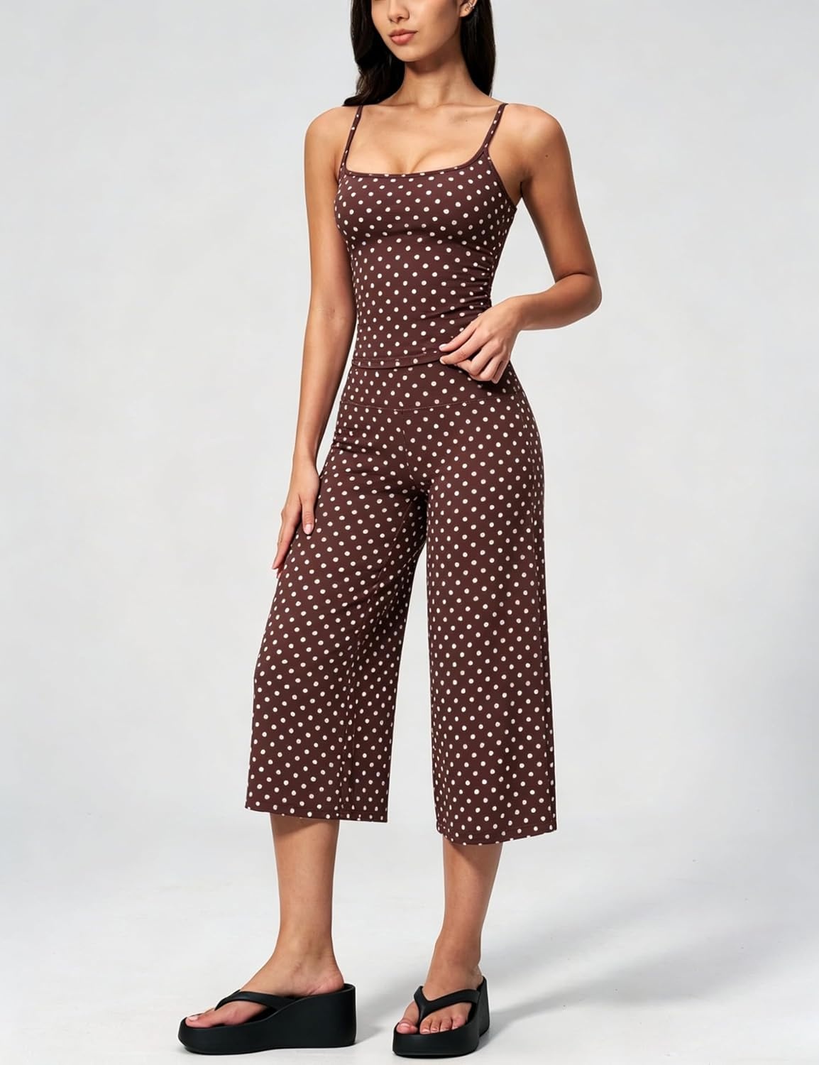 image:imageTanming Womens 2 Piece Outfits Polka Dot Workout Yoga Set Sleeveless Cami Top Wide Leg Capri Pants Soft Fabric Casual Matching Lounge Set for Active Gym Daily Wear VacationCoffee