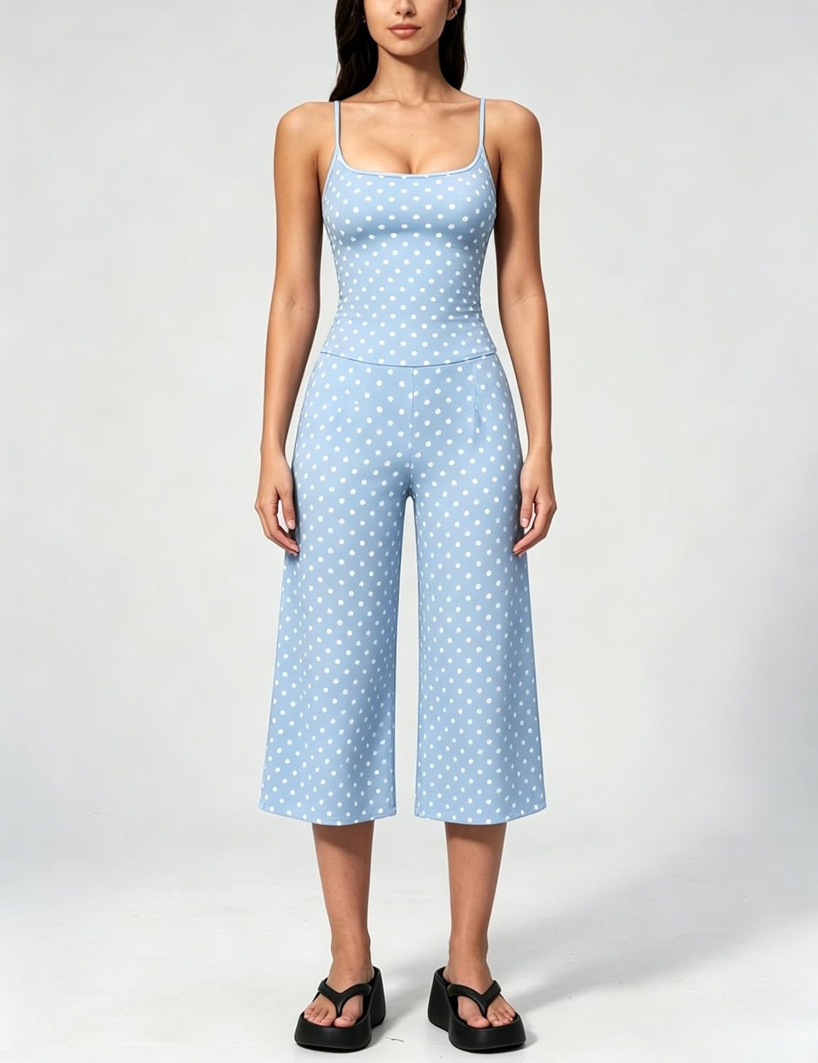 image:imageTanming Womens 2 Piece Outfits Polka Dot Workout Yoga Set Sleeveless Cami Top Wide Leg Capri Pants Soft Fabric Casual Matching Lounge Set for Active Gym Daily Wear VacationBlue