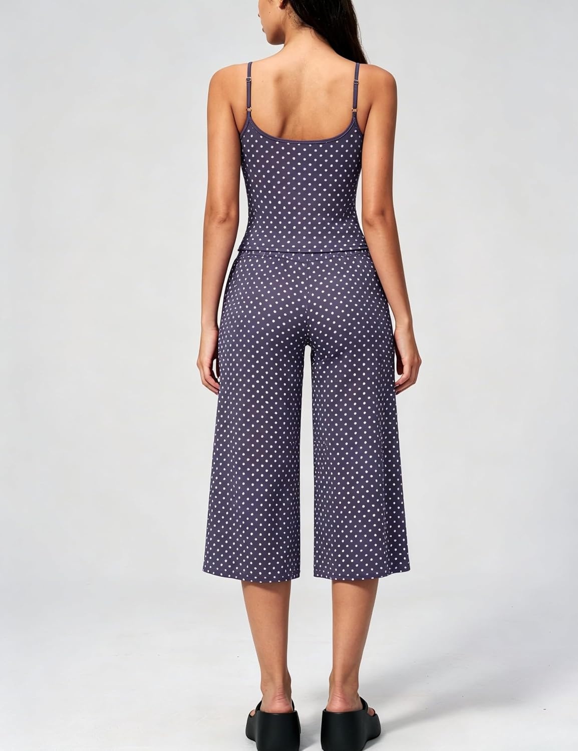 image:imageTanming Womens 2 Piece Outfits Polka Dot Workout Yoga Set Sleeveless Cami Top Wide Leg Capri Pants Soft Fabric Casual Matching Lounge Set for Active Gym Daily Wear VacationNavy