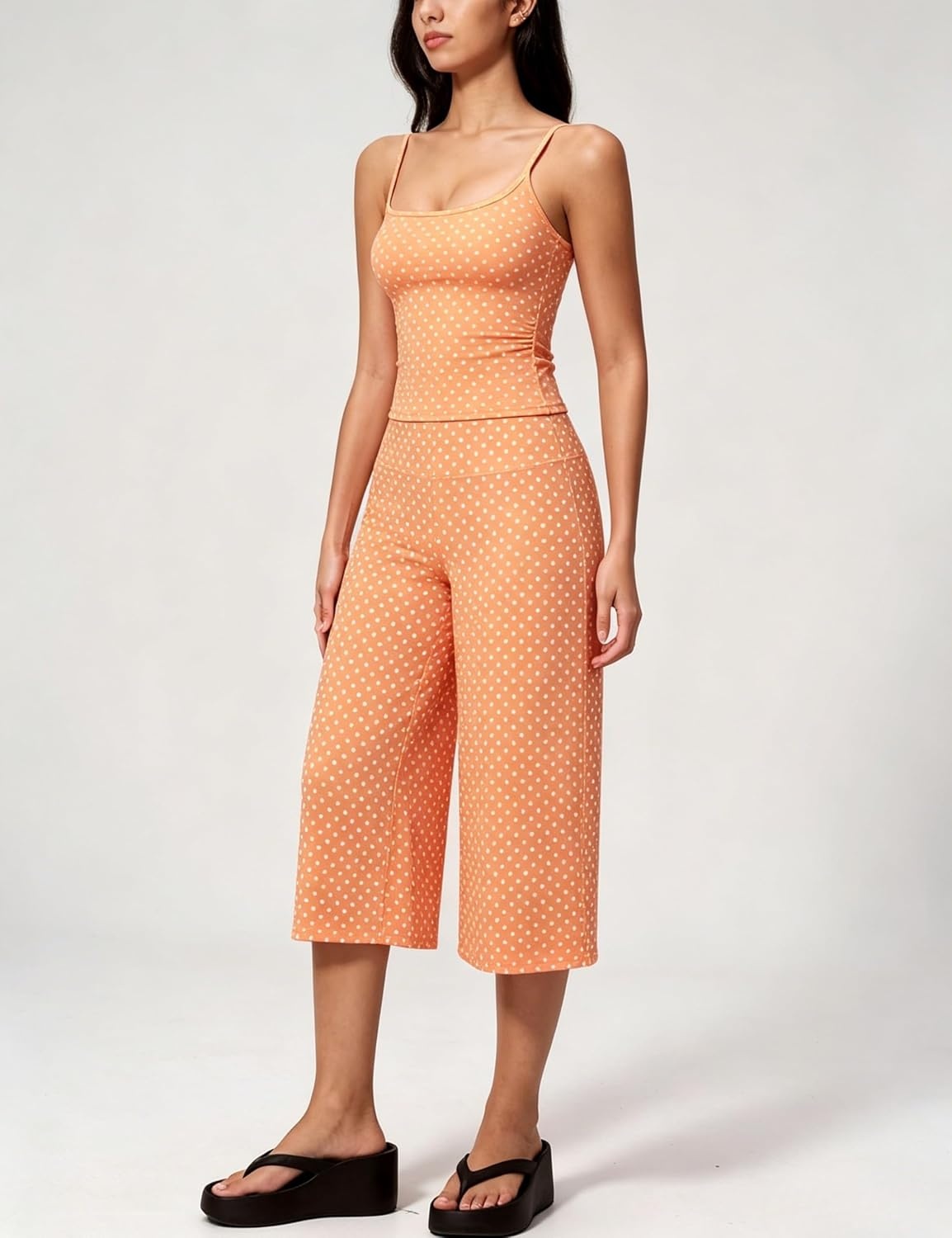 image:imageTanming Womens 2 Piece Outfits Polka Dot Workout Yoga Set Sleeveless Cami Top Wide Leg Capri Pants Soft Fabric Casual Matching Lounge Set for Active Gym Daily Wear VacationOrange