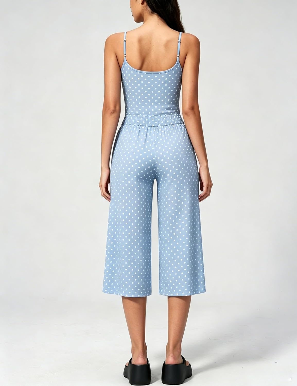 image:imageTanming Womens 2 Piece Outfits Polka Dot Workout Yoga Set Sleeveless Cami Top Wide Leg Capri Pants Soft Fabric Casual Matching Lounge Set for Active Gym Daily Wear VacationBlue