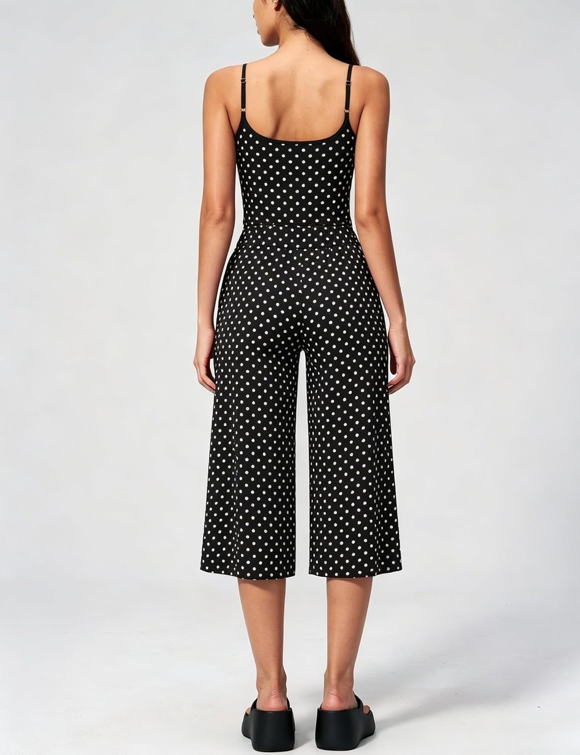 image:imageTanming Womens 2 Piece Outfits Polka Dot Workout Yoga Set Sleeveless Cami Top Wide Leg Capri Pants Soft Fabric Casual Matching Lounge Set for Active Gym Daily Wear VacationBlack