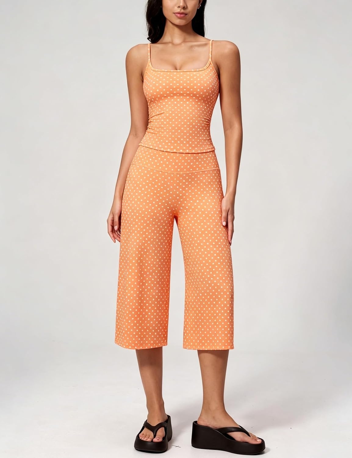 image:imageTanming Womens 2 Piece Outfits Polka Dot Workout Yoga Set Sleeveless Cami Top Wide Leg Capri Pants Soft Fabric Casual Matching Lounge Set for Active Gym Daily Wear VacationOrange