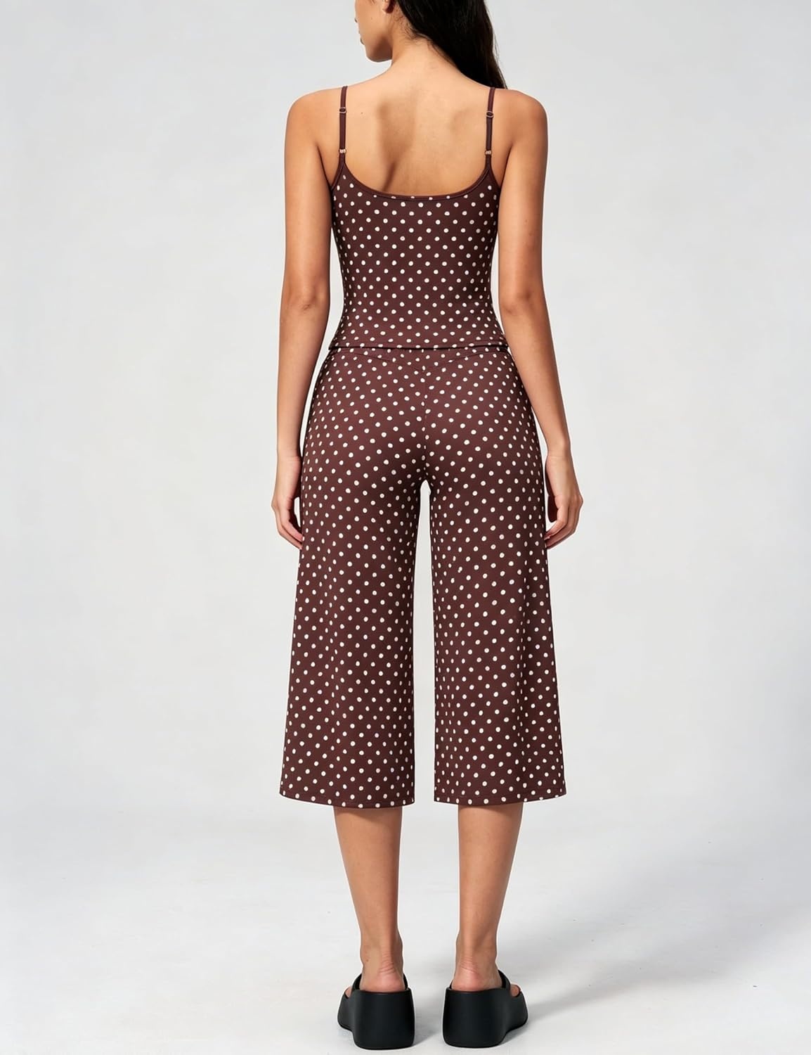 image:imageTanming Womens 2 Piece Outfits Polka Dot Workout Yoga Set Sleeveless Cami Top Wide Leg Capri Pants Soft Fabric Casual Matching Lounge Set for Active Gym Daily Wear VacationCoffee