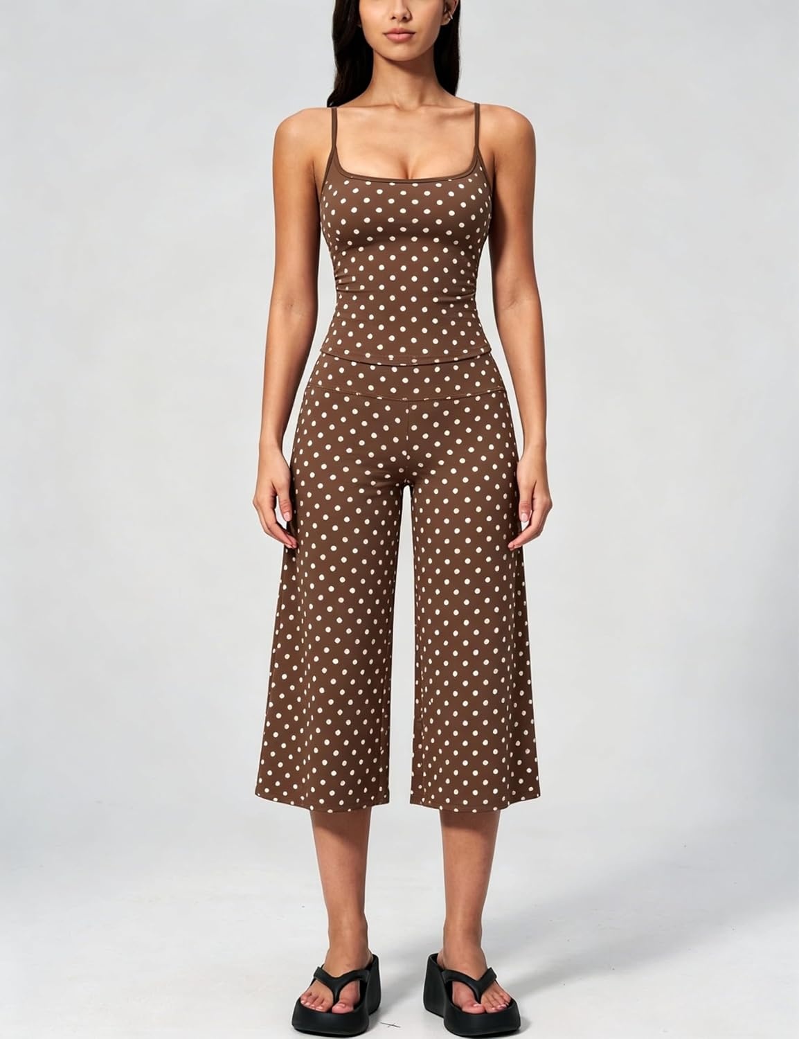 image:imageTanming Womens 2 Piece Outfits Polka Dot Workout Yoga Set Sleeveless Cami Top Wide Leg Capri Pants Soft Fabric Casual Matching Lounge Set for Active Gym Daily Wear VacationBrown