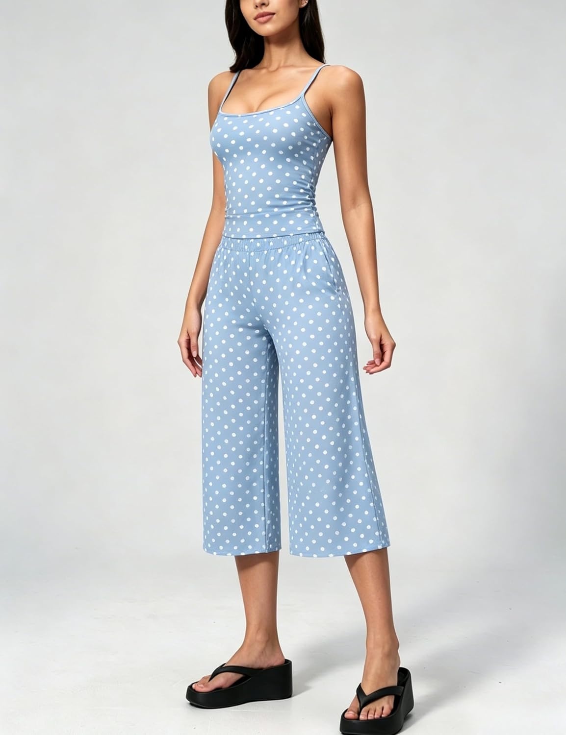 image:imageTanming Womens 2 Piece Outfits Polka Dot Workout Yoga Set Sleeveless Cami Top Wide Leg Capri Pants Soft Fabric Casual Matching Lounge Set for Active Gym Daily Wear VacationBlue