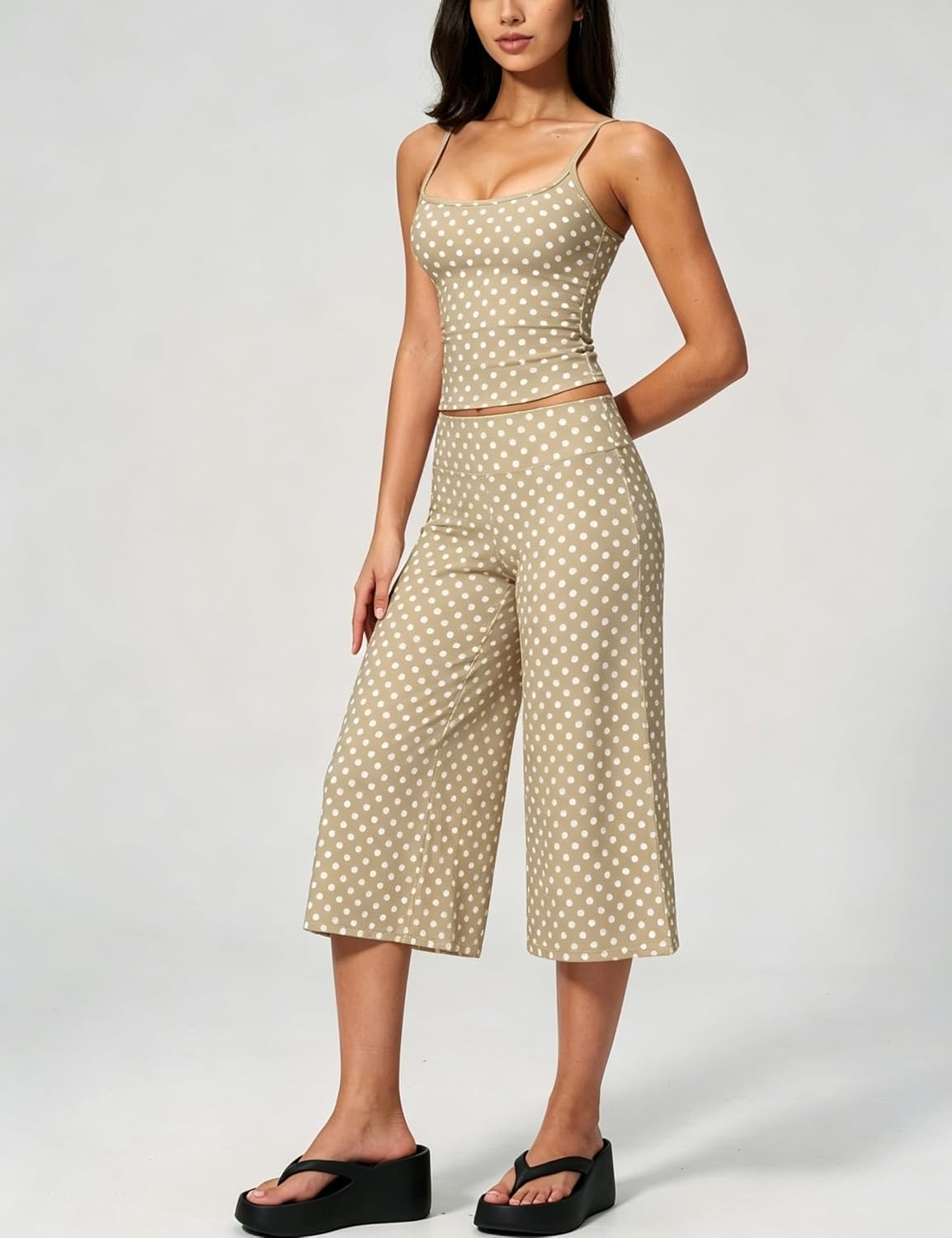 image:imageTanming Womens 2 Piece Outfits Polka Dot Workout Yoga Set Sleeveless Cami Top Wide Leg Capri Pants Soft Fabric Casual Matching Lounge Set for Active Gym Daily Wear VacationKhaki