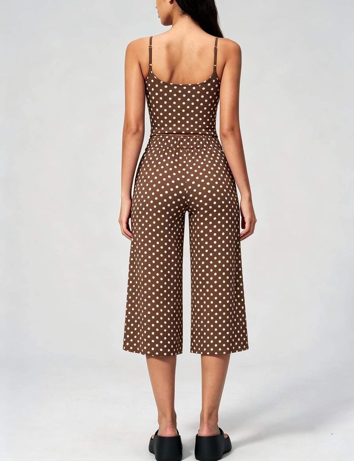 image:imageTanming Womens 2 Piece Outfits Polka Dot Workout Yoga Set Sleeveless Cami Top Wide Leg Capri Pants Soft Fabric Casual Matching Lounge Set for Active Gym Daily Wear VacationBrown