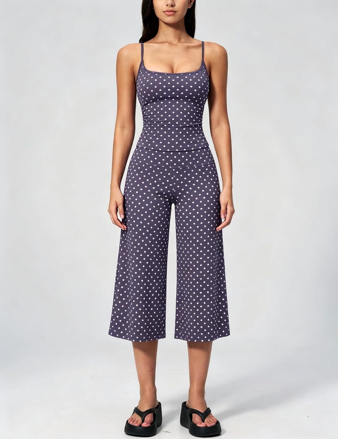 image:imageTanming Womens 2 Piece Outfits Polka Dot Workout Yoga Set Sleeveless Cami Top Wide Leg Capri Pants Soft Fabric Casual Matching Lounge Set for Active Gym Daily Wear VacationNavy