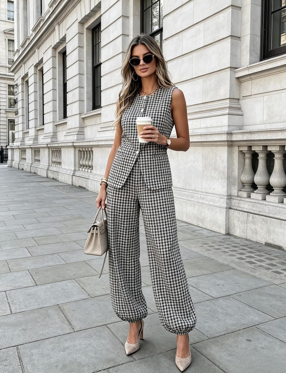 image:imageTanming Womens Gingham 2 Piece Sets Casual Suit Vest Balloon Pants Summer Coord Set Brunch Office Matching SetBlack