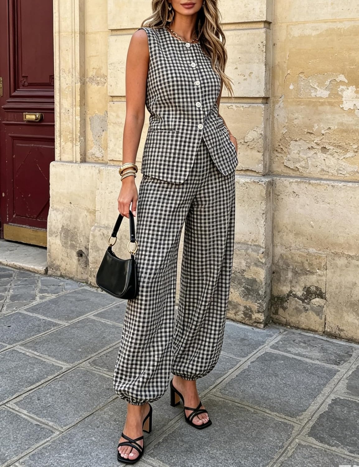 image:imageTanming Womens Gingham 2 Piece Sets Casual Suit Vest Balloon Pants Summer Coord Set Brunch Office Matching SetBlack