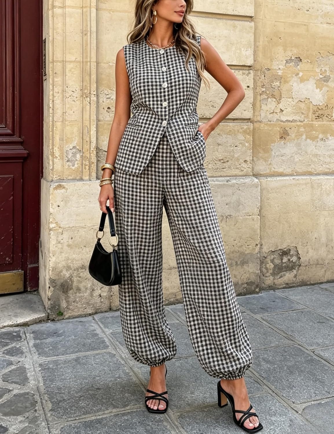 image:imageTanming Womens Gingham 2 Piece Sets Casual Suit Vest Balloon Pants Summer Coord Set Brunch Office Matching SetBlack