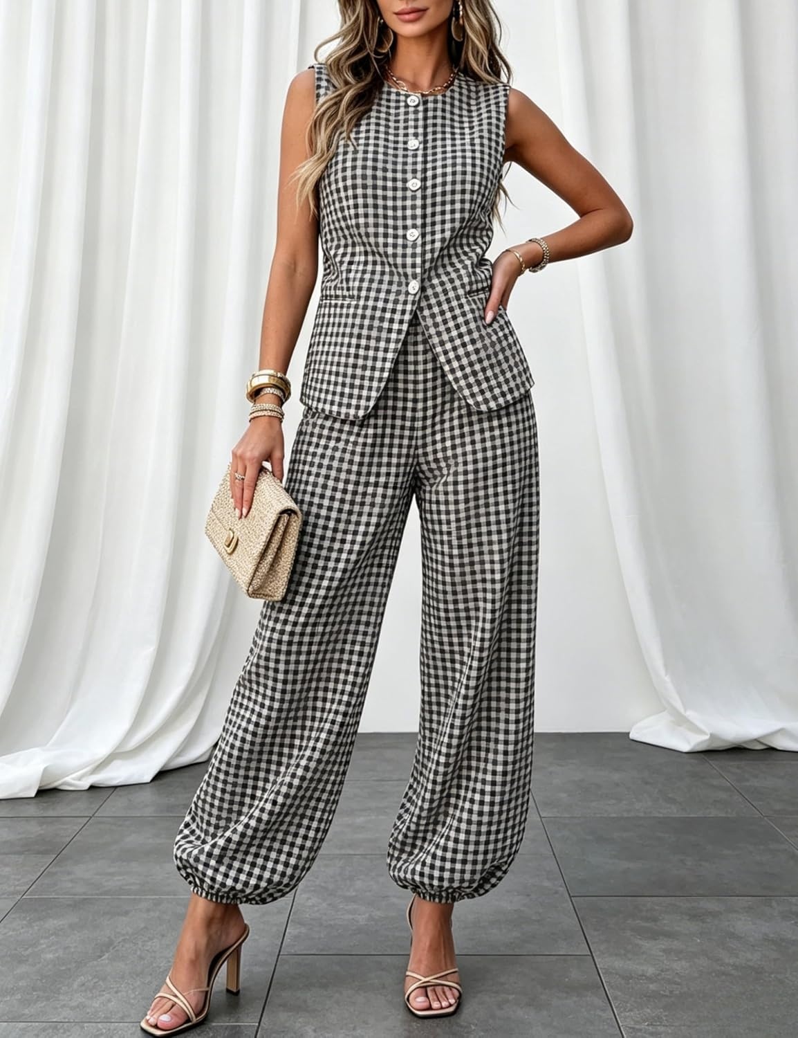 image:imageTanming Womens Gingham 2 Piece Sets Casual Suit Vest Balloon Pants Summer Coord Set Brunch Office Matching SetBlack