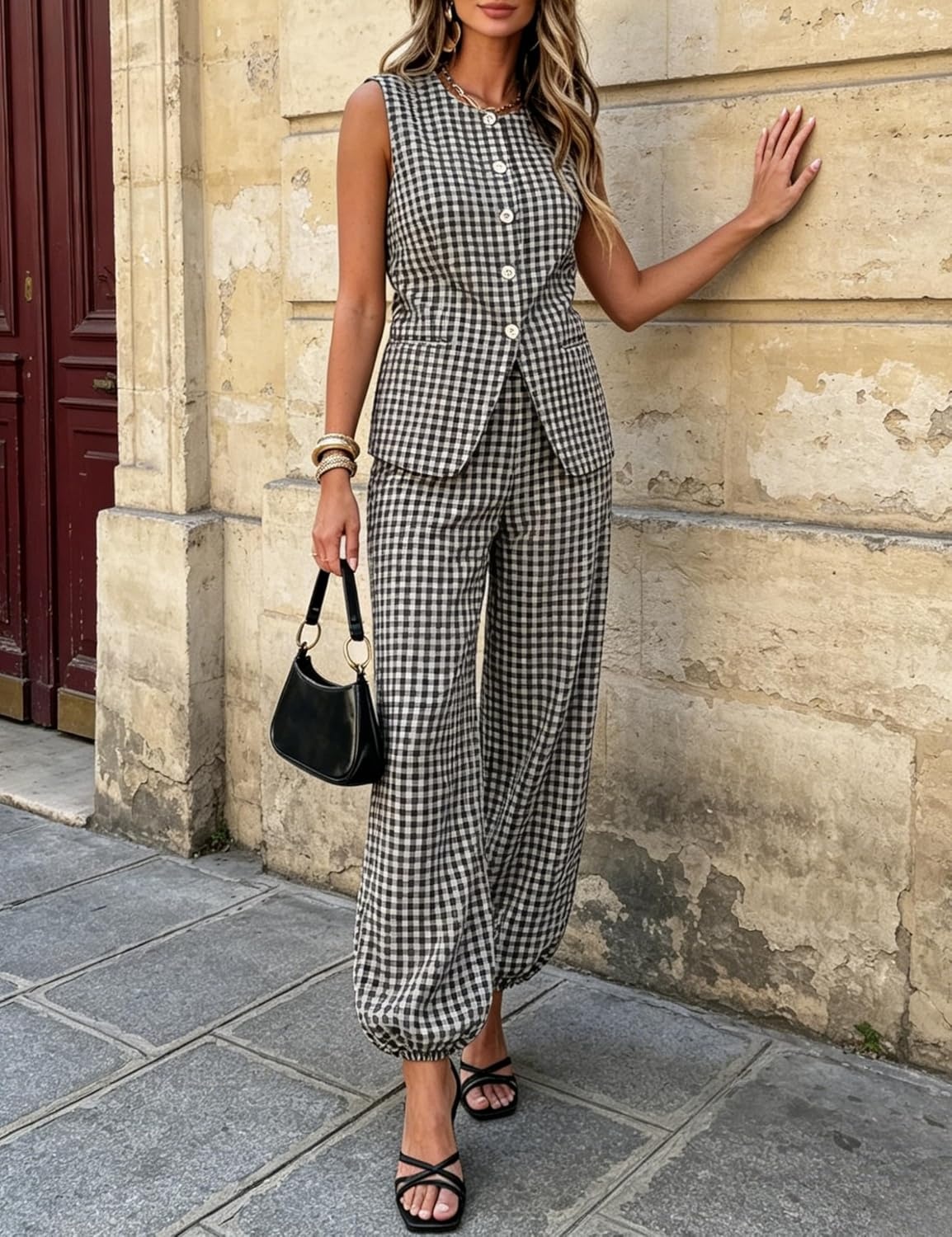 image:imageTanming Womens Gingham 2 Piece Sets Casual Suit Vest Balloon Pants Summer Coord Set Brunch Office Matching SetBlack