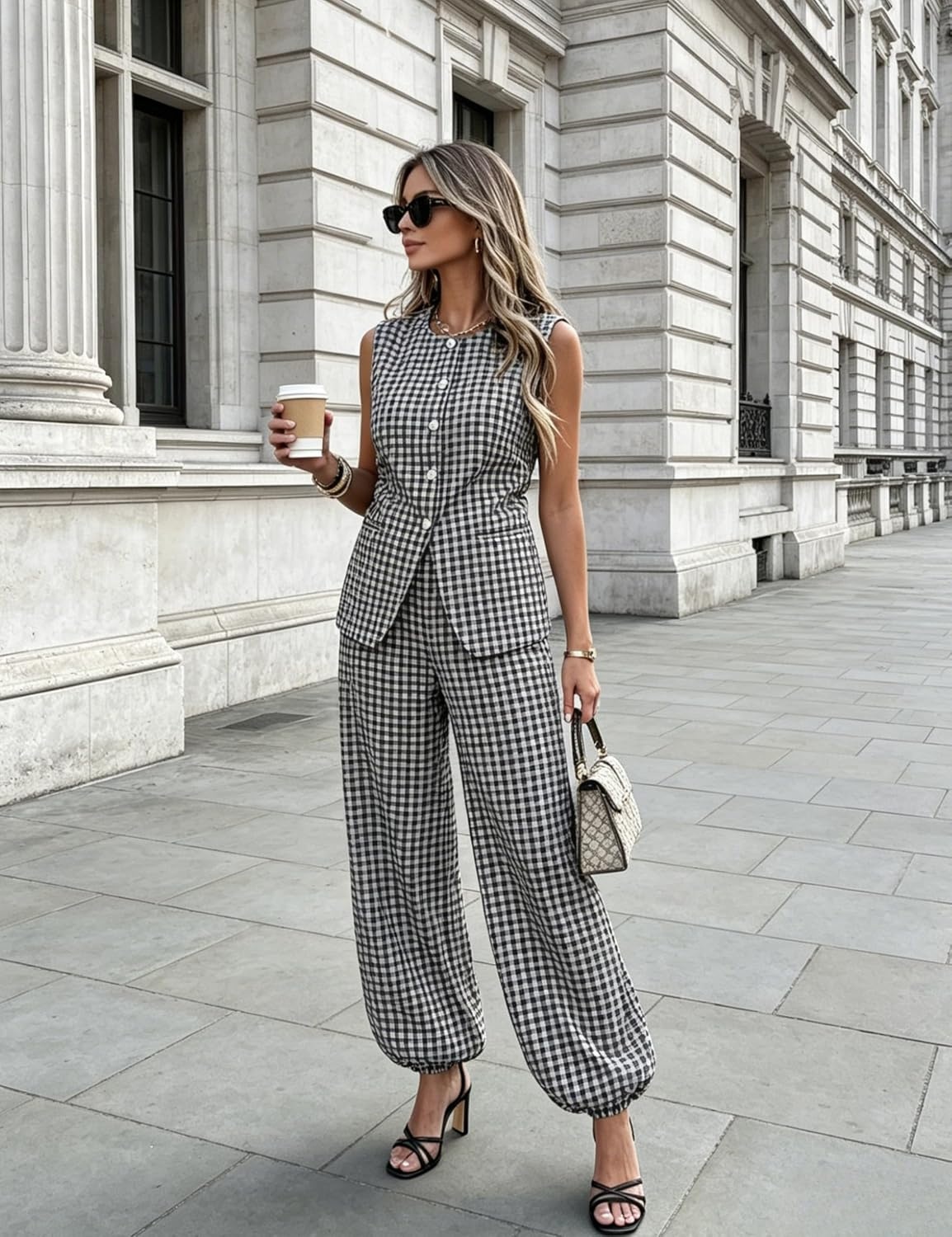 image:imageTanming Womens Gingham 2 Piece Sets Casual Suit Vest Balloon Pants Summer Coord Set Brunch Office Matching SetBlack
