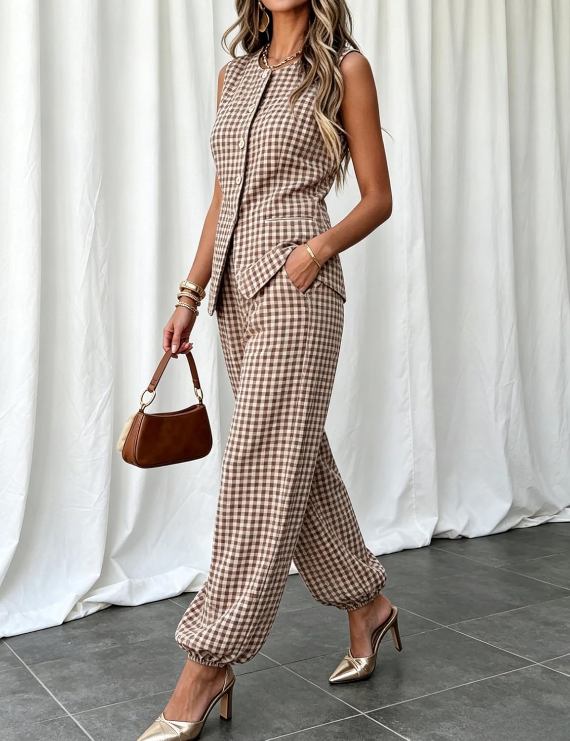 image:imageTanming Womens Gingham 2 Piece Sets Casual Suit Vest Balloon Pants Summer Coord Set Brunch Office Matching SetCoffee
