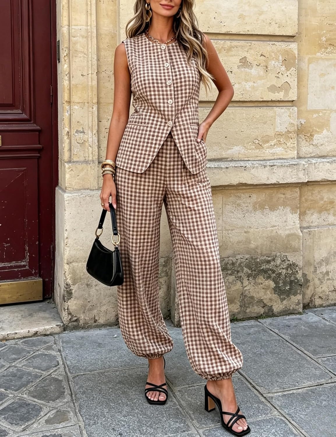 image:imageTanming Womens Gingham 2 Piece Sets Casual Suit Vest Balloon Pants Summer Coord Set Brunch Office Matching SetCoffee