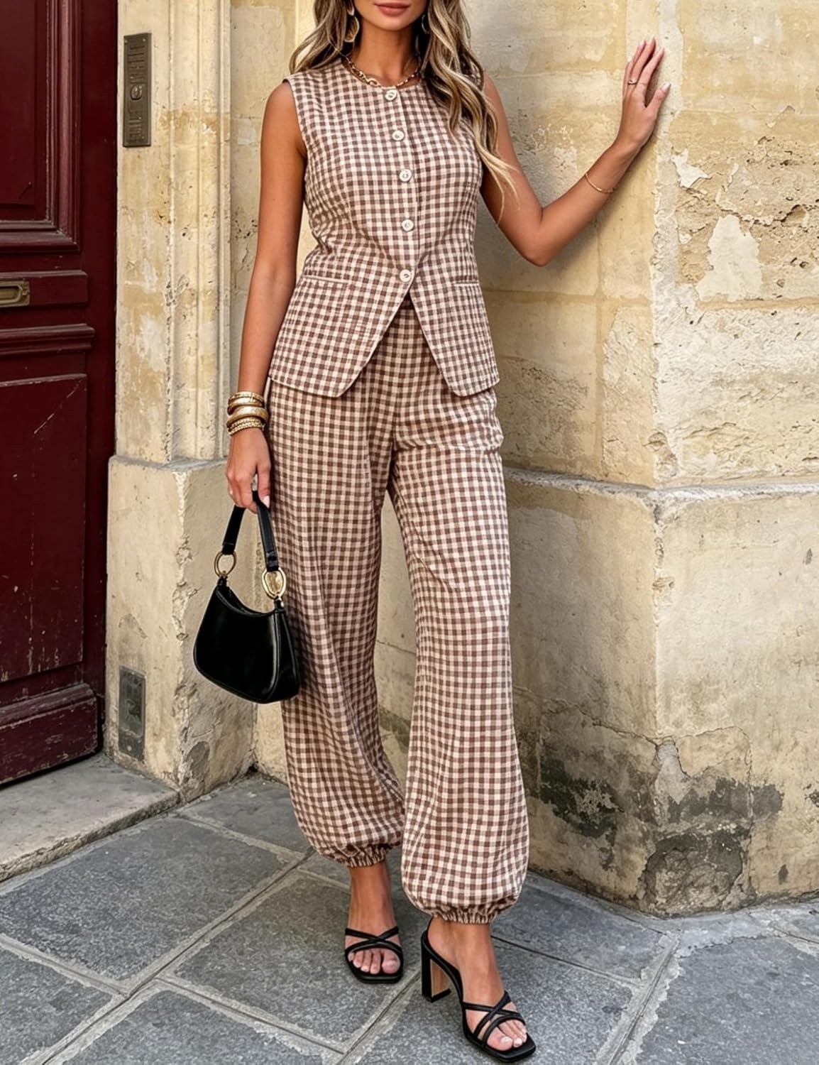 image:imageTanming Womens Gingham 2 Piece Sets Casual Suit Vest Balloon Pants Summer Coord Set Brunch Office Matching SetCoffee