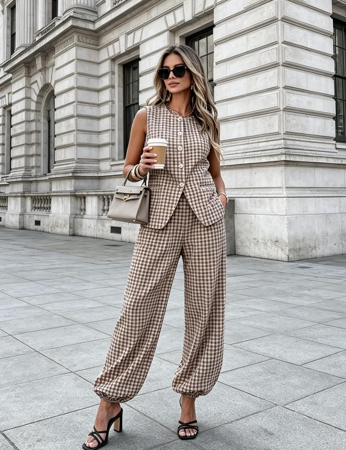 image:imageTanming Womens Gingham 2 Piece Sets Casual Suit Vest Balloon Pants Summer Coord Set Brunch Office Matching SetCoffee