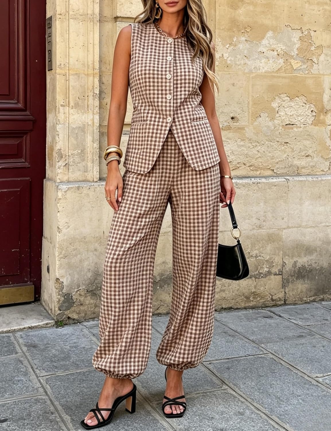 image:imageTanming Womens Gingham 2 Piece Sets Casual Suit Vest Balloon Pants Summer Coord Set Brunch Office Matching SetCoffee