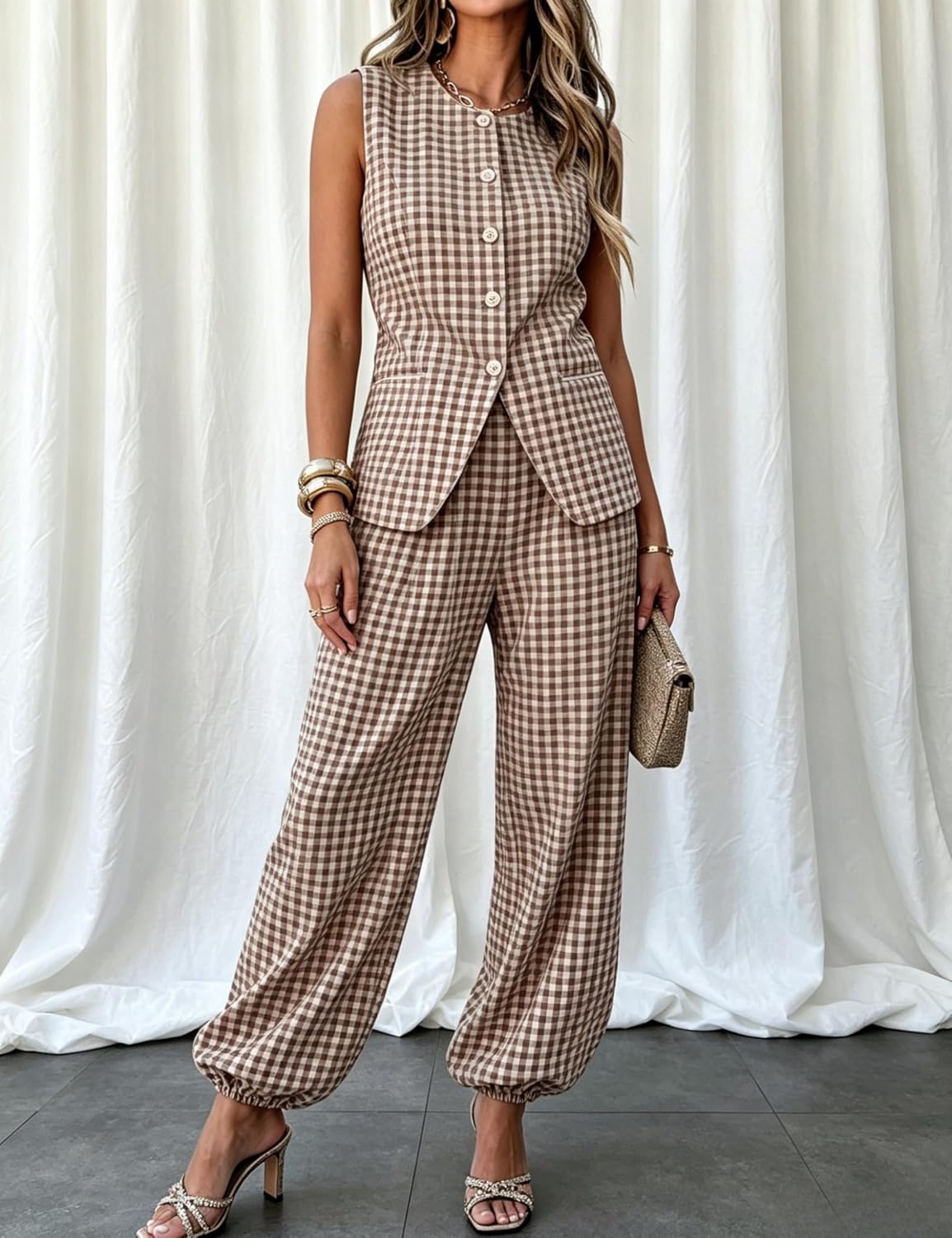 image:imageTanming Womens Gingham 2 Piece Sets Casual Suit Vest Balloon Pants Summer Coord Set Brunch Office Matching SetCoffee