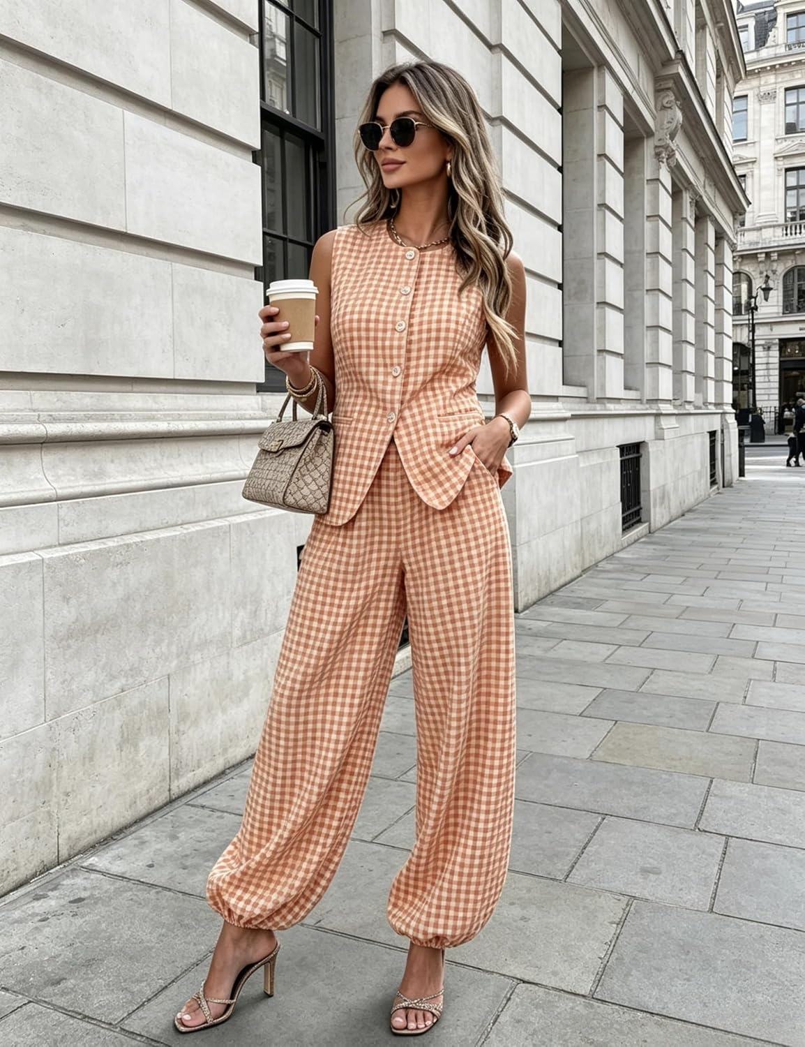 image:imageTanming Womens Gingham 2 Piece Sets Casual Suit Vest Balloon Pants Summer Coord Set Brunch Office Matching SetOrange