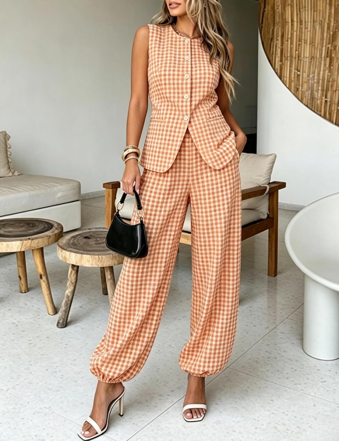 image:imageTanming Womens Gingham 2 Piece Sets Casual Suit Vest Balloon Pants Summer Coord Set Brunch Office Matching SetOrange