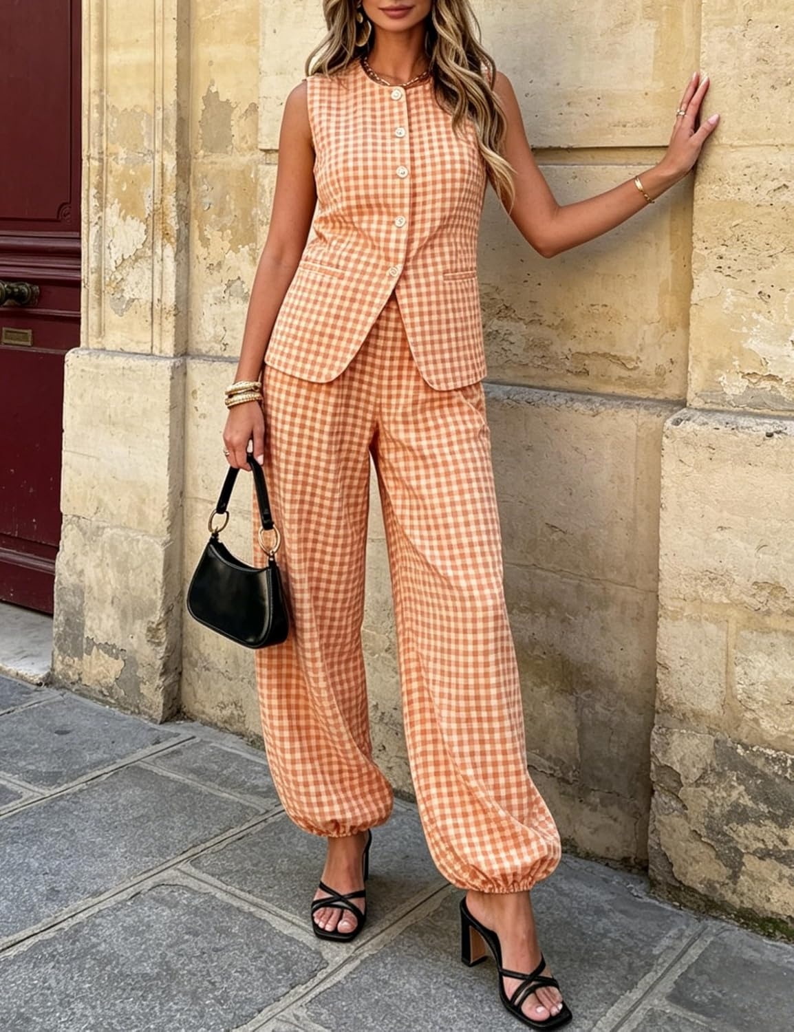 image:imageTanming Womens Gingham 2 Piece Sets Casual Suit Vest Balloon Pants Summer Coord Set Brunch Office Matching SetOrange
