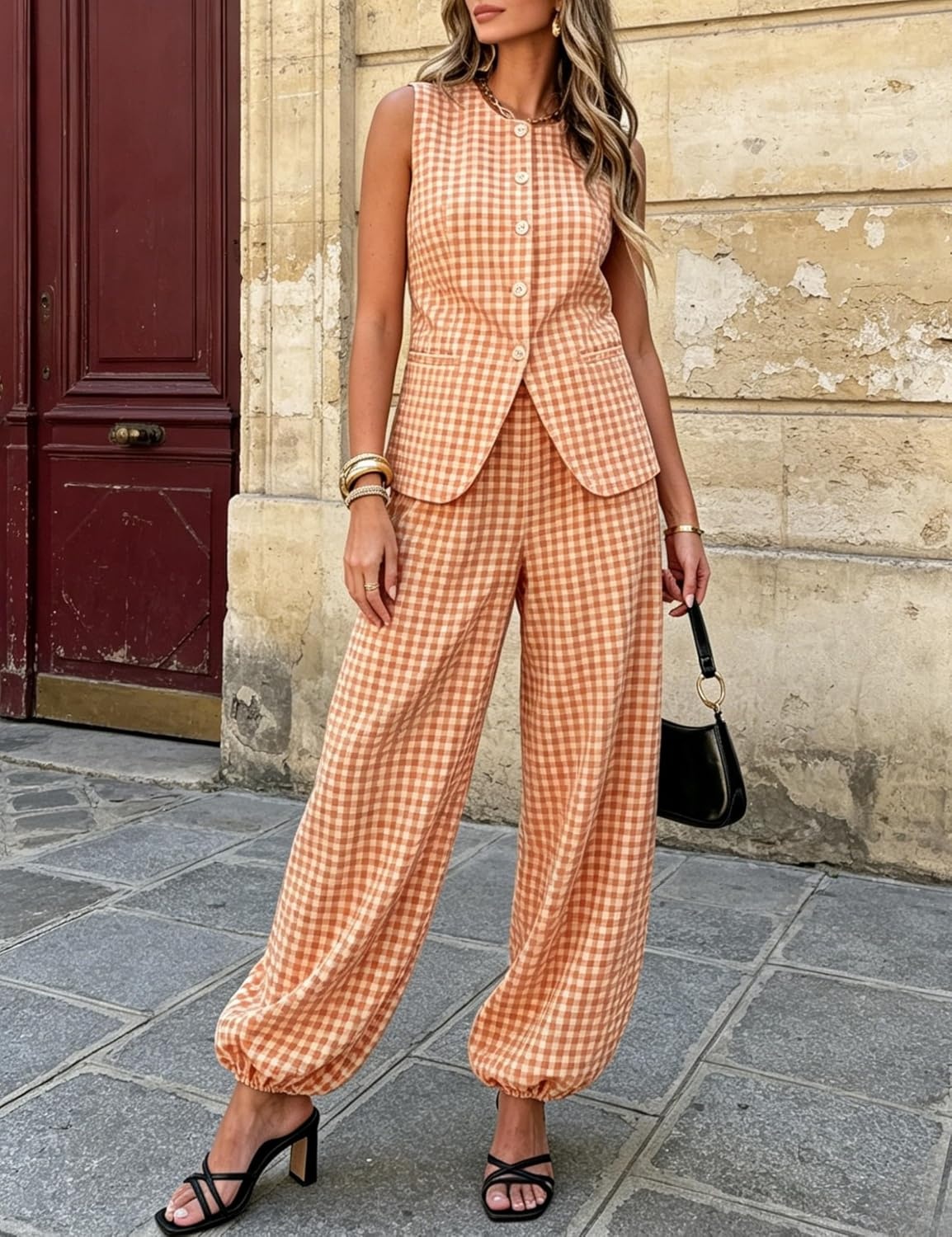 image:imageTanming Womens Gingham 2 Piece Sets Casual Suit Vest Balloon Pants Summer Coord Set Brunch Office Matching SetOrange