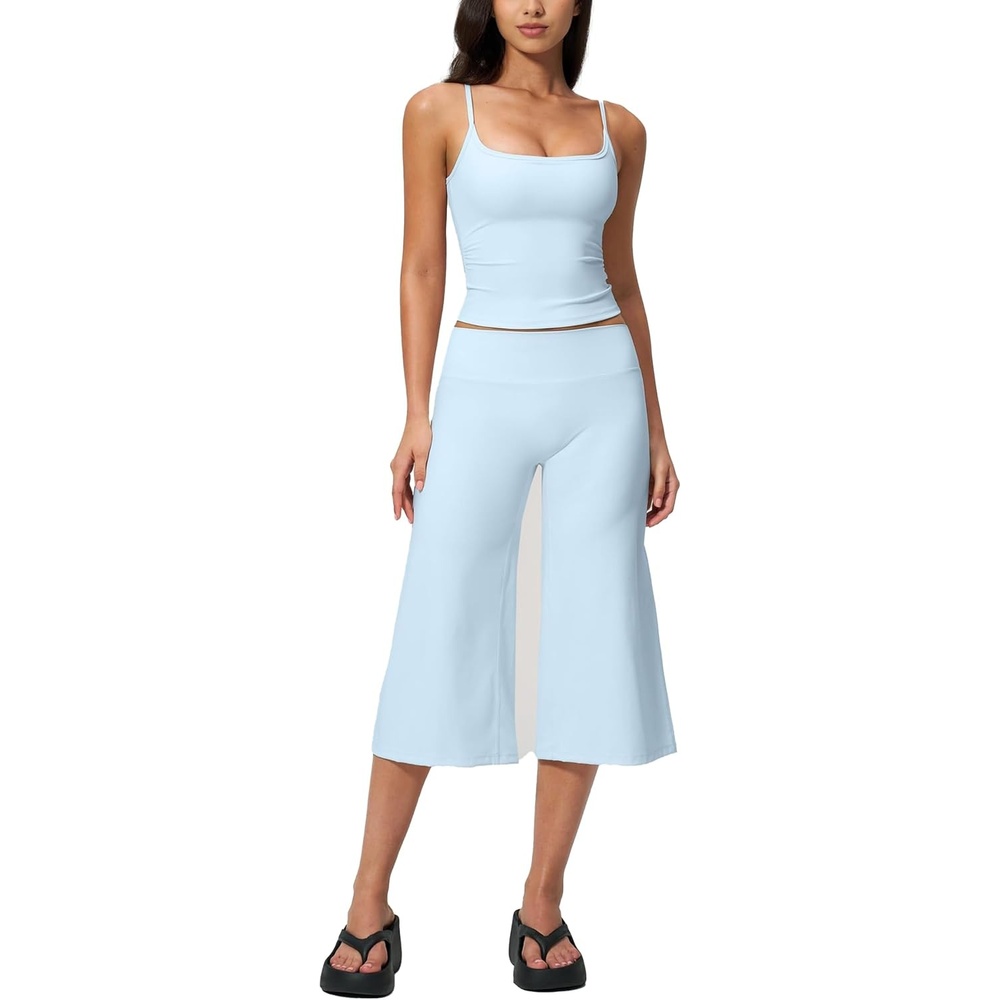 image:imageTanming Two Piece Sets for Women Gym Yoga Pilates Outfits Sleeveless Halter Top Mid Elastic Waist Capri Pants Breathable Material Airport Travel Beach Vacation Lounge SetLight Blue