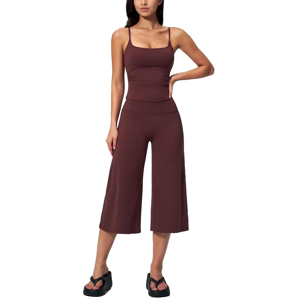 image:imageTanming Two Piece Sets for Women Gym Yoga Pilates Outfits Sleeveless Halter Top Mid Elastic Waist Capri Pants Breathable Material Airport Travel Beach Vacation Lounge SetCoffee