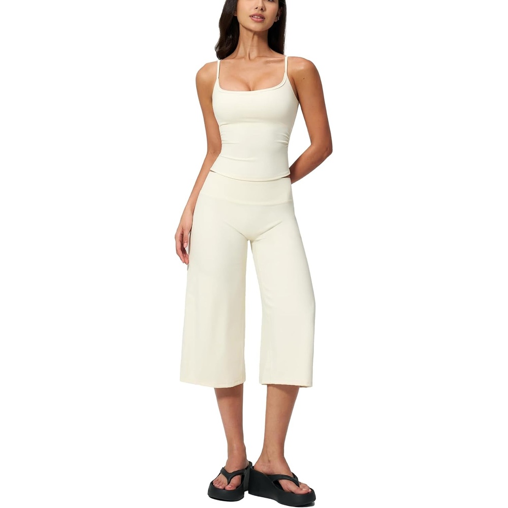 image:imageTanming Two Piece Sets for Women Gym Yoga Pilates Outfits Sleeveless Halter Top Mid Elastic Waist Capri Pants Breathable Material Airport Travel Beach Vacation Lounge SetWhite