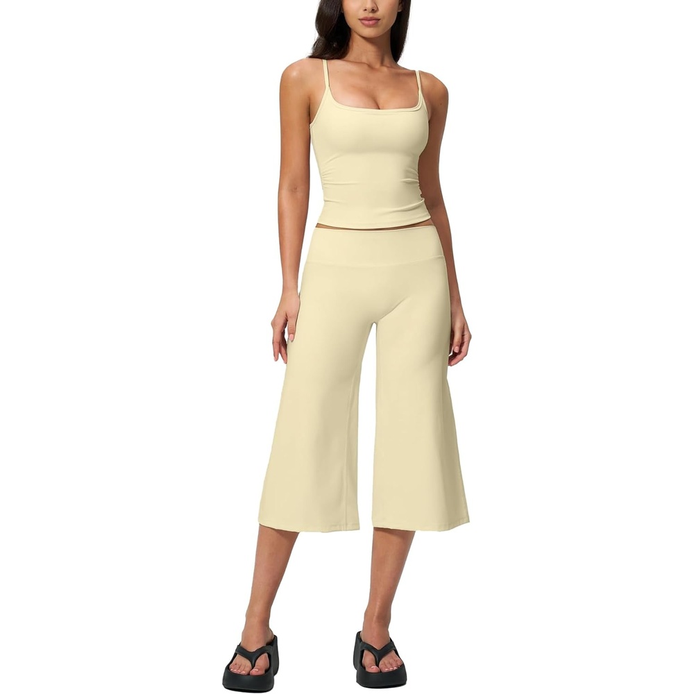 image:imageTanming Two Piece Sets for Women Gym Yoga Pilates Outfits Sleeveless Halter Top Mid Elastic Waist Capri Pants Breathable Material Airport Travel Beach Vacation Lounge SetLight Yellow