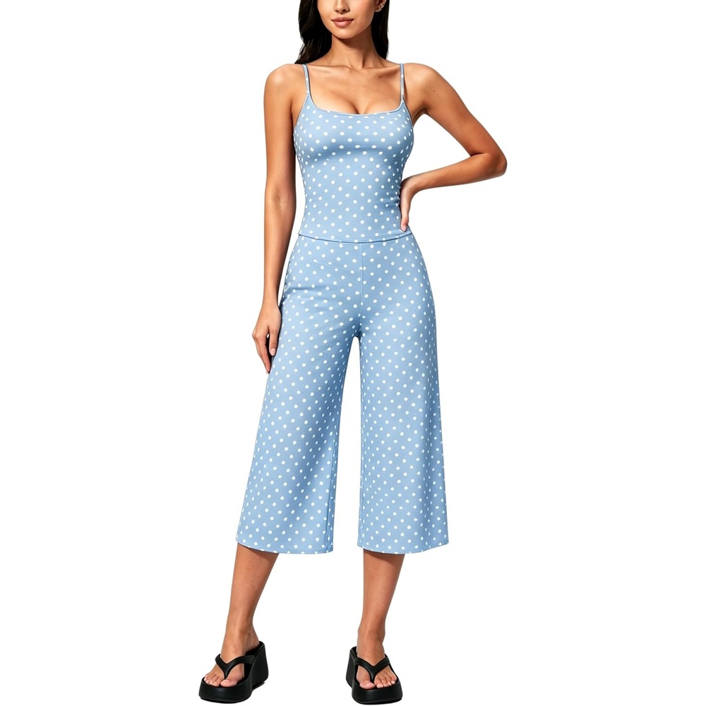 image:imageTanming Womens 2 Piece Outfits Polka Dot Workout Yoga Set Sleeveless Cami Top Wide Leg Capri Pants Soft Fabric Casual Matching Lounge Set for Active Gym Daily Wear VacationBlue