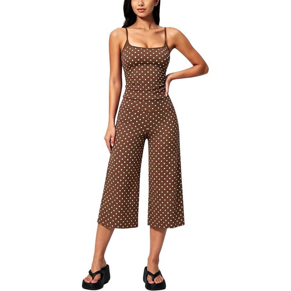 image:imageTanming Womens 2 Piece Outfits Polka Dot Workout Yoga Set Sleeveless Cami Top Wide Leg Capri Pants Soft Fabric Casual Matching Lounge Set for Active Gym Daily Wear VacationBrown