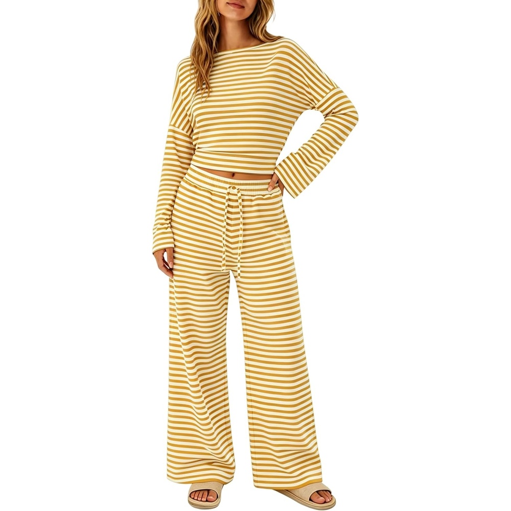 image:imageTanming Womens 2 Piece Striped Yoga Lounge Wide Leg Pants Set Long Sleeve Adjustable Drawstring Crewneck PJ Lounge Sets Stretch Fabric Elastic WaistbandYellow