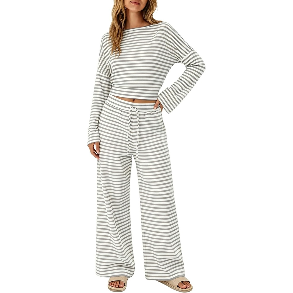 image:imageTanming Womens 2 Piece Striped Yoga Lounge Wide Leg Pants Set Long Sleeve Adjustable Drawstring Crewneck PJ Lounge Sets Stretch Fabric Elastic WaistbandGrey