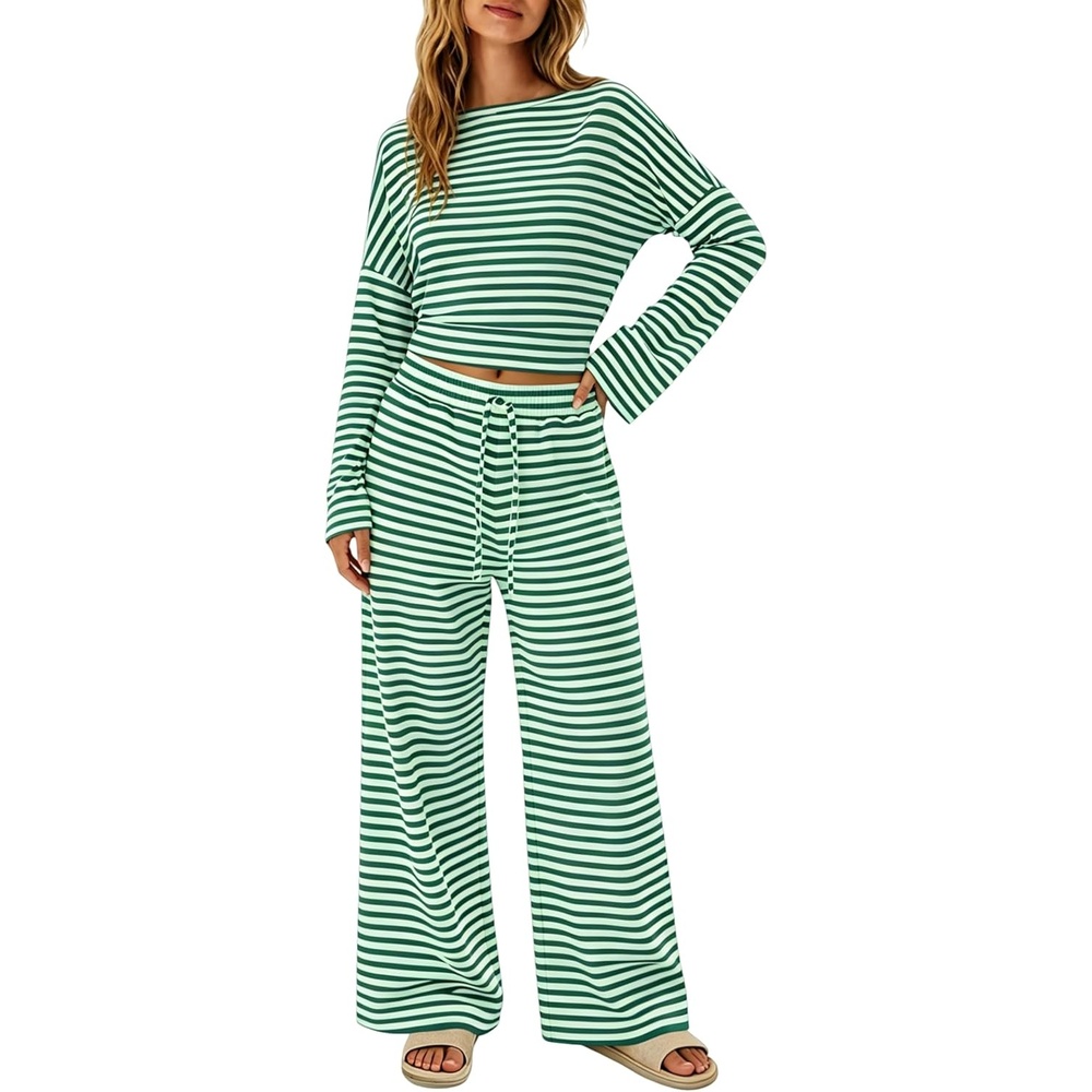 image:imageTanming Womens 2 Piece Striped Yoga Lounge Wide Leg Pants Set Long Sleeve Adjustable Drawstring Crewneck PJ Lounge Sets Stretch Fabric Elastic WaistbandGreen
