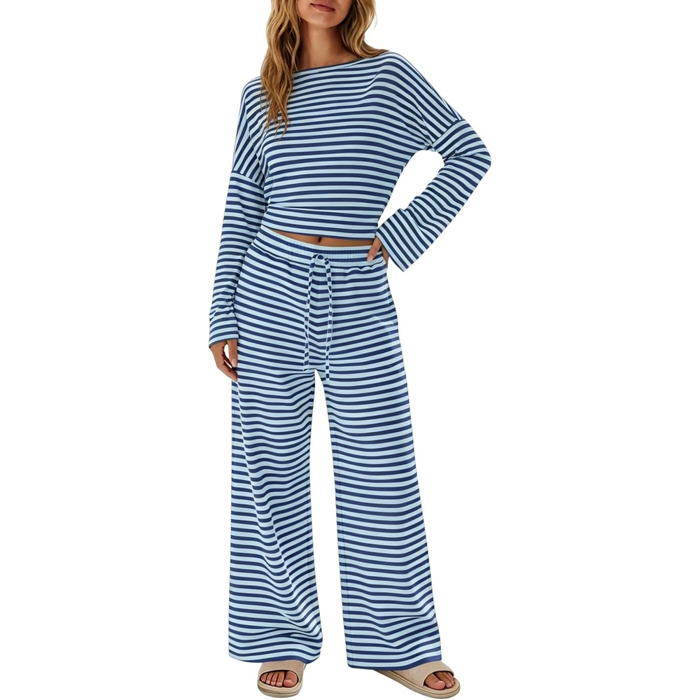 image:imageTanming Womens 2 Piece Striped Yoga Lounge Wide Leg Pants Set Long Sleeve Adjustable Drawstring Crewneck PJ Lounge Sets Stretch Fabric Elastic WaistbandNavy